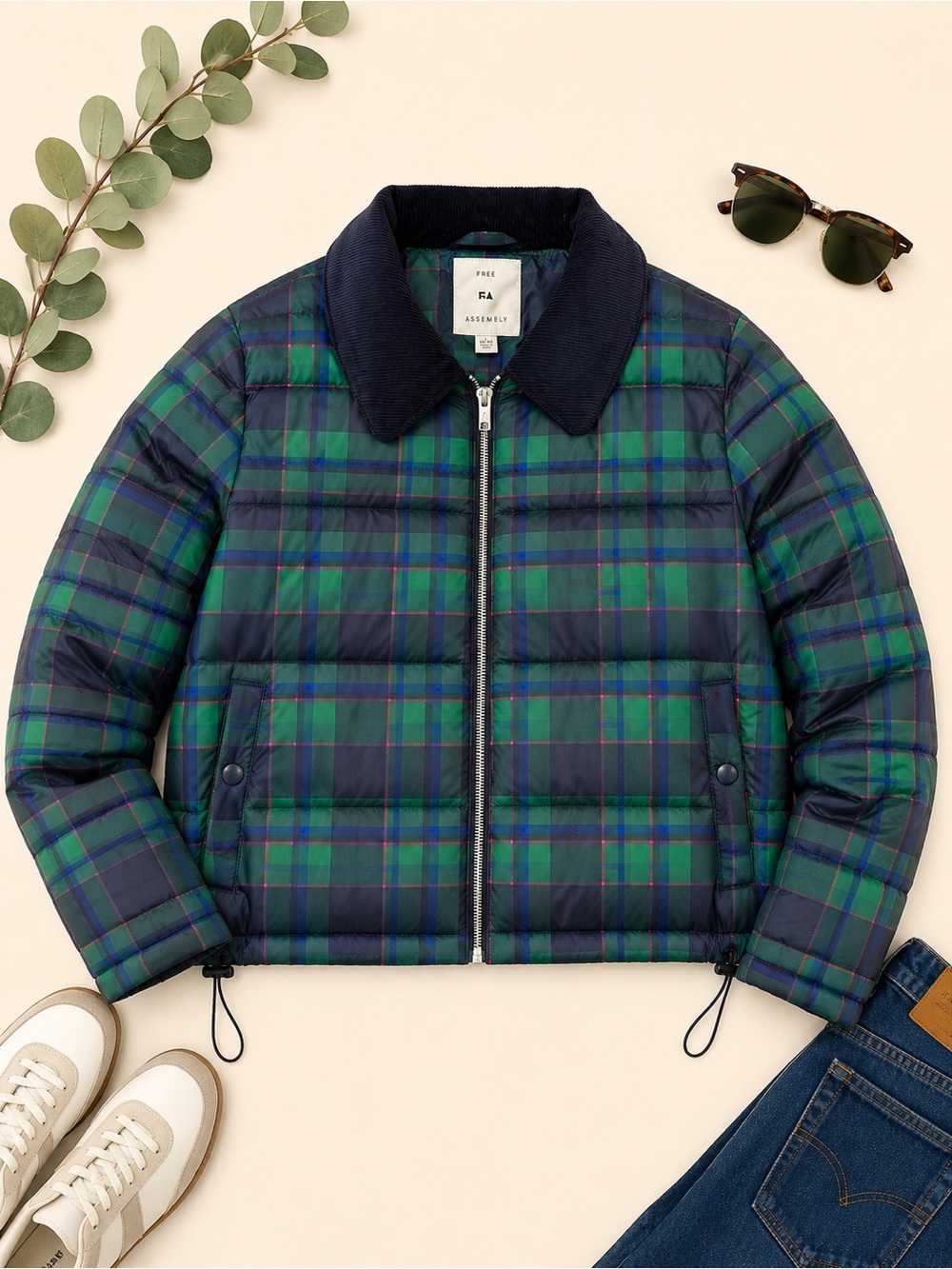 Free Assembly Women’s Plaid Puffer Jacket L 12-14 Corduroy Collar Preppy